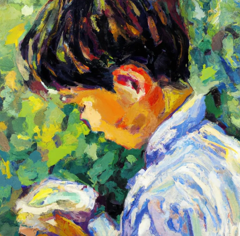 Impressionist painting of boy inquiring about something