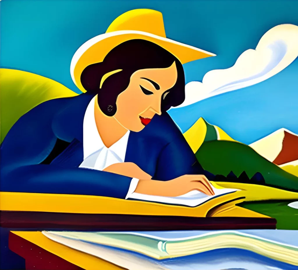 Painting of an abstract woman reflecting on her writing in the style of Thomas Hart Benton
