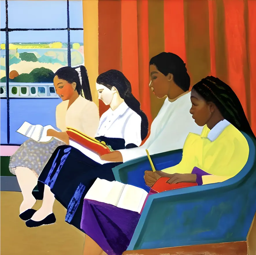 A painting in the style of impressionism of 4 girls reading