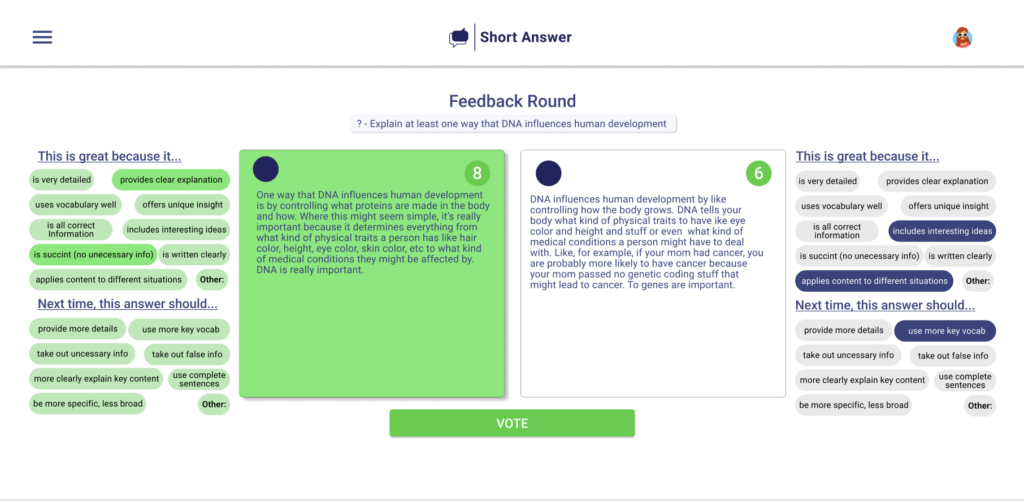 A picture of the initial prototype of Short Answer. Two answers sit in the middle of the screen, which clickable bubbles on either side where people can provide feedback.