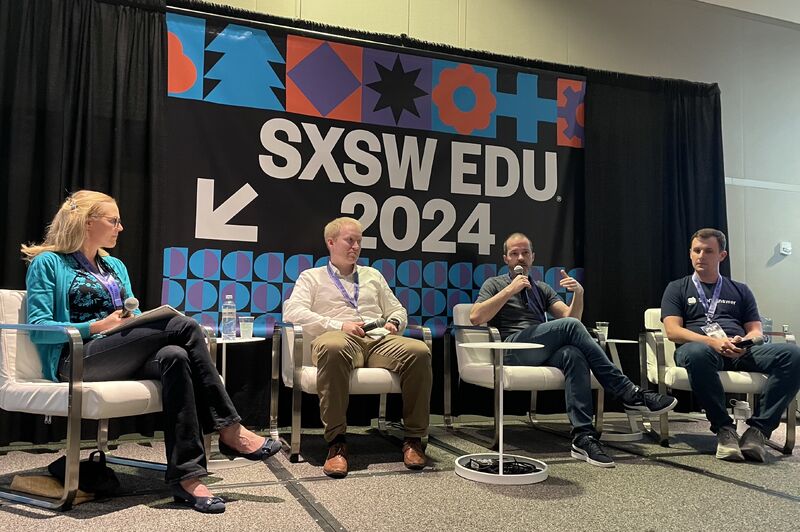 A panel of 4 people, including Adam Sparks at Short Answer, speaking at SXSWEDU
