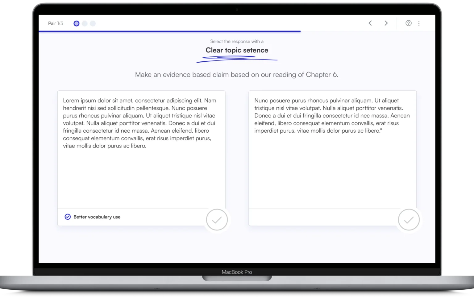 The image shows the comparison screen in Short Answer. Students are reading two responses and deciding which has a more clear topic sentence.