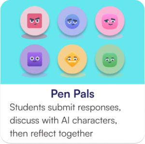 Students submit responses, discuss with AI characters, then reflect together.